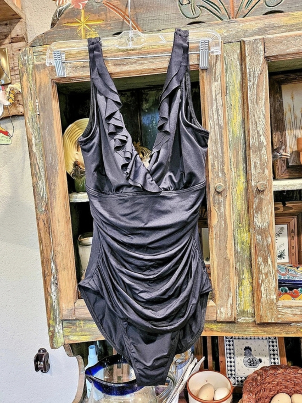 Lauren Ralph Lauren Black Ruched Ruffle One-Piece Swimsuit Size 10